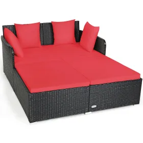 Spacious Outdoor Rattan Daybed with Upholstered Cushions and Pillows (Color: Red)