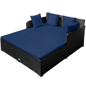 Spacious Outdoor Rattan Daybed with Upholstered Cushions and Pillows (Color: Navy)