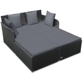 Spacious Outdoor Rattan Daybed with Upholstered Cushions and Pillows (Color: Gray)
